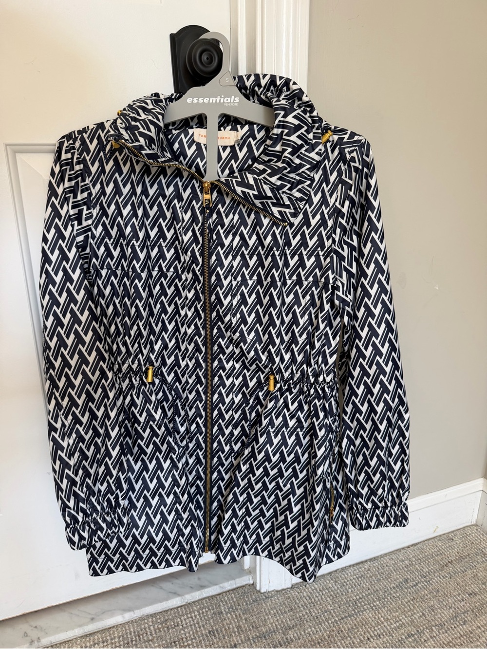 Tory Burch Navy & White Geometric Hooded Utility Jacket